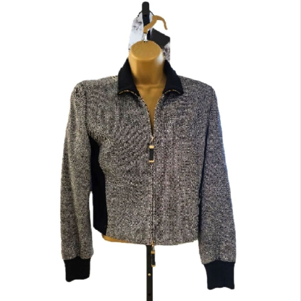 VTG Jacket Womens 4P Petite Wool Silk Blend Black Gray Double Zip Pockets Tweed